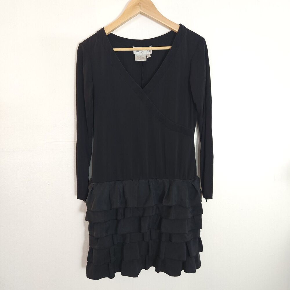 Worth 100% Silk Black Tiered Ruffle Dress Size 10‎ Zip Sleeve Elegant Minimalist